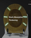 Smooth Ride Silver Foil Glitter Toilet Seat with Soft Close Hinges, showing shock absorption features and durable design.