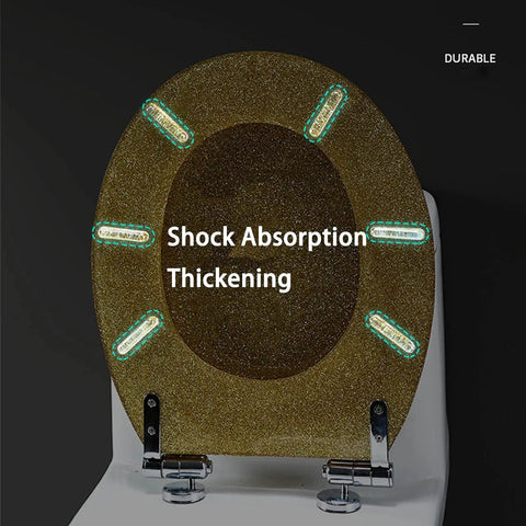 Smooth Ride Silver Foil Glitter Toilet Seat with Soft Close Hinges, showing shock absorption features and durable design.