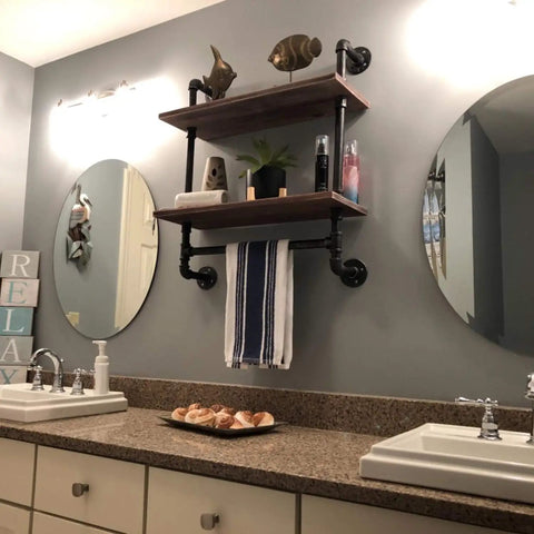 Industrial Rustic Bathroom Shelves Wall Mounted 19.7 Inch Two Tier With Towel Bar, Metal Pipe Storage For Kitchen And Bathroom, Floating Over Toilet Shelf, Space Saving Built To Last Dark Wood Finish