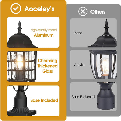 Comparison of Outdoor Post Light 2 Pack Black Aluminum Lanterns with Pier Mount vs others; features aluminum, thickened glass, included base.