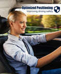 Woman driving in a car with optimized positioning for safety, emphasizing improved driving safety.