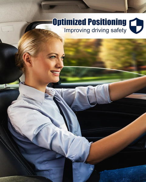 Woman driving in a car with optimized positioning for safety, emphasizing improved driving safety.