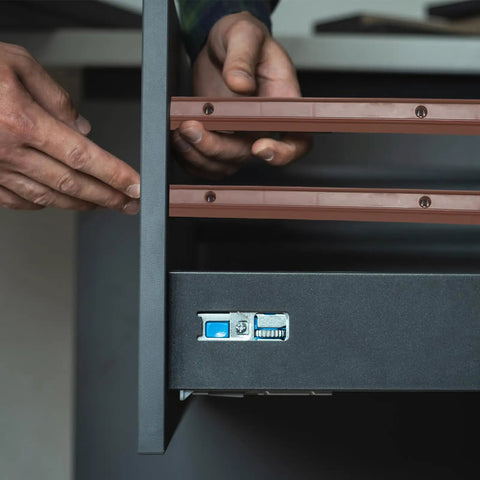 Person installing Top Shelf 12 Inch Side Mounted Plastic Drawer Slides With Mounting Screws Smooth Glide Cabinet Guide Rails Brown.