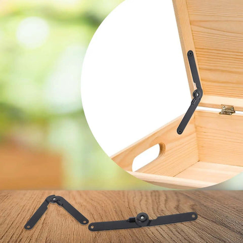 Two Pack 180 Degree Lid Support Hinges Black Rotatable Folding Heavy Duty Locking Hinges for furniture, shown installed on wood box.