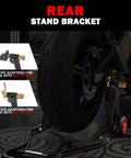 Motorcycle Front And Rear Stand Combo With 4 Pulley Wheel Lift, Universal Fit, showing rear tire lifted, red wheel visible.