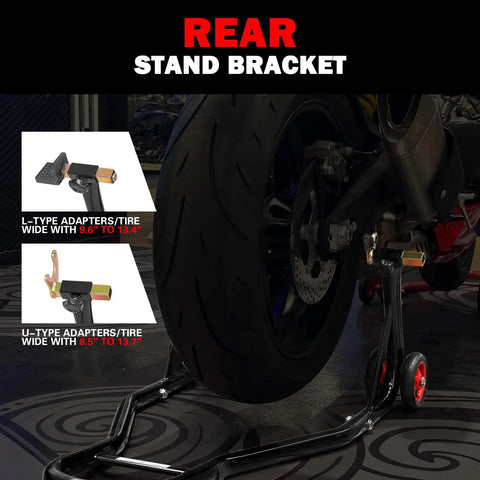 Motorcycle Front And Rear Stand Combo With 4 Pulley Wheel Lift, Universal Fit, showing rear tire lifted, red wheel visible.