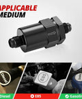 Compact Billet Inline Fuel Filter 6AN 30 Micron Aluminum Black For Car EFI And Carbureted Fuel Systems, fits tight spots