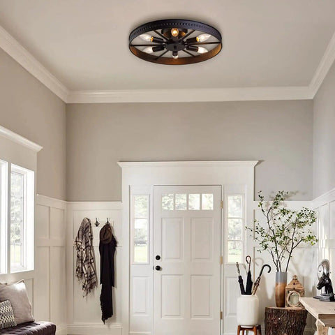 Rustic 6 Light Slick Metal Ceiling Light Fixture In Black With Industrial Round Spoke Wheel Design Semi Flush Mount Farmhouse Chandelier For Kitchen Island Dining Room Entryway Bedroom Hallway Living Room
