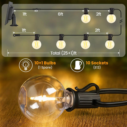Diagram of Bold 25 Foot Solar Powered String Lights Outdoor Waterproof With 11 Shatterproof G40 LED Bulbs showcasing layout and bulb details.
