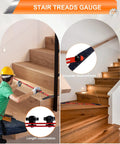 Adjustable Stair Tread Template Tool And Woodworking Stair Gauge Jig Expands From 10.5 To 60.5 Inches Quick Lock Design in use on wooden stairs.