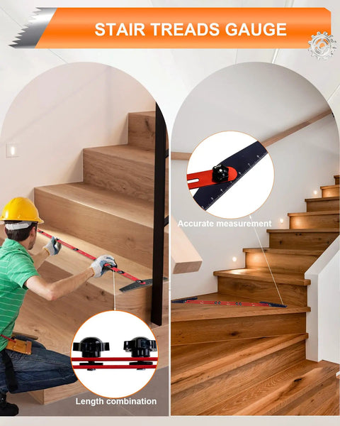 Adjustable Stair Tread Template Tool And Woodworking Stair Gauge Jig Expands From 10.5 To 60.5 Inches Quick Lock Design in use on wooden stairs.
