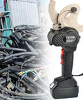 Electric Ratchet Cable Cutter Battery Operated Hydraulic Cutter for Copper and Aluminum Wires next to coiled cables