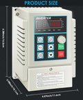 Front view of 220V 0.75KW 1HP VFD inverter single phase to three phase frequency converter, product dimensions displayed.