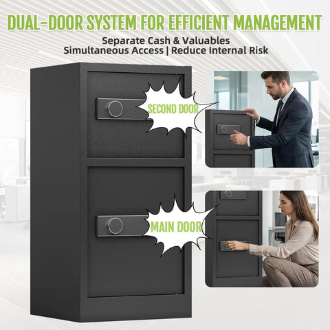 Beefy Extra Large Dual Door Home Safe 8.6 Cu Ft Tall Safe for Laptops and Legal Files Upright in office setting.