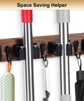 Wall Mount Broom And Mop Holder With Five Slots And Four Hooks Easy Install Space Saving Rustic Wood Tool Organizer with tools.