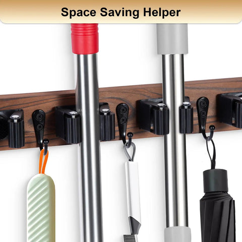 Wall Mount Broom And Mop Holder With Five Slots And Four Hooks Easy Install Space Saving Rustic Wood Tool Organizer with tools.