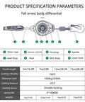 Diagram of Beefed Up Heavy Duty Self Retracting Lifeline Fall Protection For Working At Height, 1000kg load, detailing components.