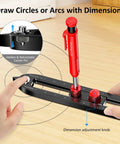 Slick Aluminum Alloy Scriber Tool With Dual Purpose Woodworking Compass And Circle Marking Gauge Showing Dead On Scale Readings and Secure Twist Lock Knobs Plus Six Tough Carpenter Pencil Refills in use, marking circles.
