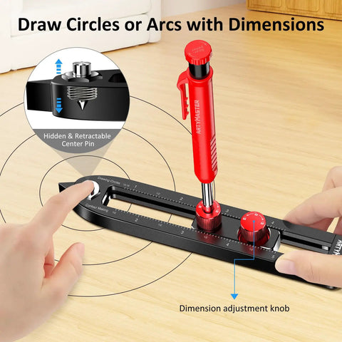 Slick Aluminum Alloy Scriber Tool With Dual Purpose Woodworking Compass And Circle Marking Gauge Showing Dead On Scale Readings and Secure Twist Lock Knobs Plus Six Tough Carpenter Pencil Refills in use, marking circles.