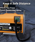 Portable generator with 25 Foot 30 Amp Generator Extension Cord With 4 Prong L14-30P To L14-30R in snow, text on distancing safety