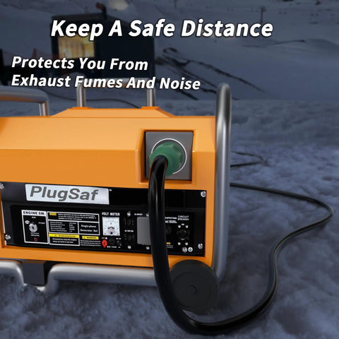 Portable generator with 25 Foot 30 Amp Generator Extension Cord With 4 Prong L14-30P To L14-30R in snow, text on distancing safety