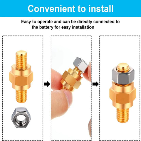 8 Piece Side Post Battery Terminal Adapters 3/8 16 Threaded 1.5 Inch Solid Brass Extender Screws shown in installation sequence.