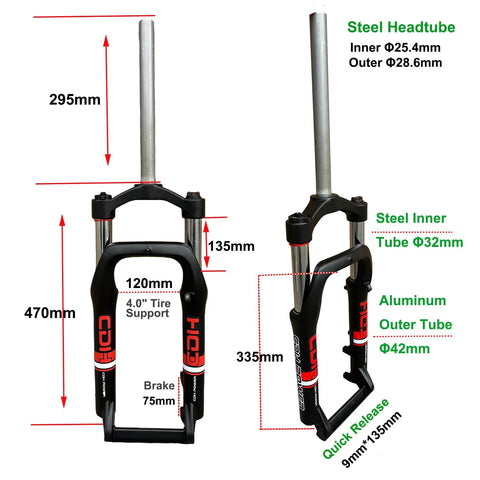 Beefy Fat Tire Electric Bike Front Suspension Fork 20 Inch 4.0 Wide Tires 135mm Hub 1 1/8 Inch Steerer 9mm QR Manual Lockout