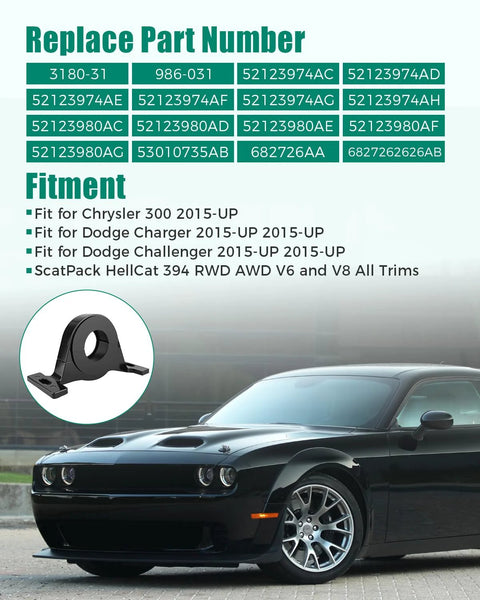 Image of a Dodge car beside a center bearing drive shaft support. Center Bearing Drive Shaft Support For Dodge Charger Challenger.