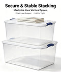 Extra Large Clear Storage Bin with Lid Stackable Plastic Tote Hella Spacious Snap Latch secure stacking with books on top.