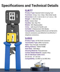 Specifications and technical details of the All-In-One RJ45 Pass-Through Crimp Tool Kit For Cat6, Cat5e, And Cat5 Connectors shown with crimp tool.