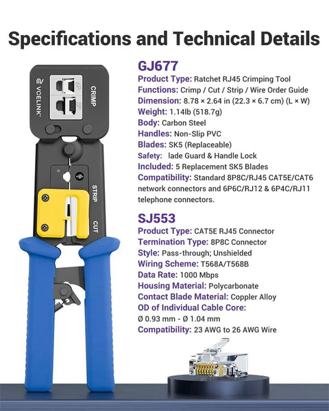 Specifications and technical details of the All-In-One RJ45 Pass-Through Crimp Tool Kit For Cat6, Cat5e, And Cat5 Connectors shown with crimp tool.