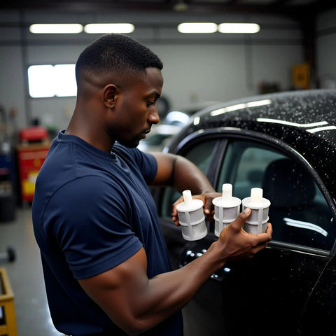 Person holding 10 Pack White 8mm Household Hose Filters For Water Pumps And Sprayers in a garage setting.
