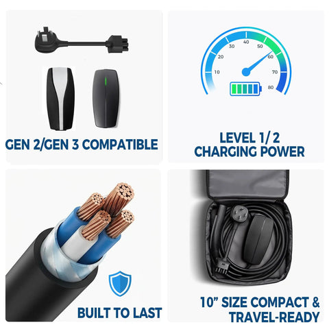 Premium Nema 14-50 Adapter For Tesla Gen 2 And Gen 3 Mobile Connector 32 Amp 240 Volt Portable EV Charging Cable 10 Inch setup.