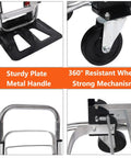 2-In-1 Folding Hand Truck And Dolly Platform Cart Convertible For Heavy Duty Lifting 500-700 Lb Capacity With All Terrain Rubber Wheels And Smooth Ride Switch Between Vertical And Flat Modes, black plate and wheel detail