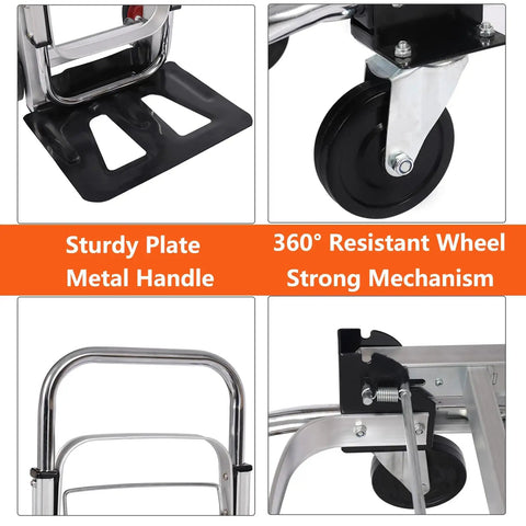 2-In-1 Folding Hand Truck And Dolly Platform Cart Convertible For Heavy Duty Lifting 500-700 Lb Capacity With All Terrain Rubber Wheels And Smooth Ride Switch Between Vertical And Flat Modes, black plate and wheel detail