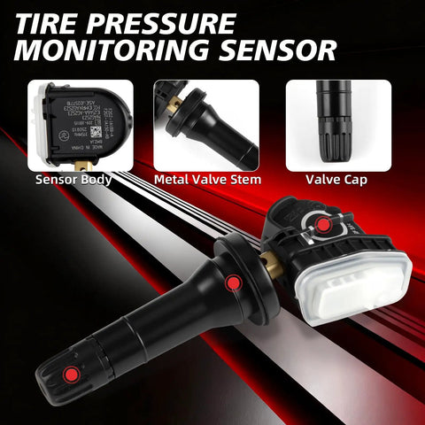 Pre Programmed 315MHz TPMS Sensor Set Of 4 For Ford Edge 2016 2021, Explorer 2015 2017, F150 2016 2017, Fusion 2017, Flex 2016 2018, Mustang 2015 2017 Plug And Play Tire Pressure Monitoring System Replacement sensor body, metal valve stem, valve cap