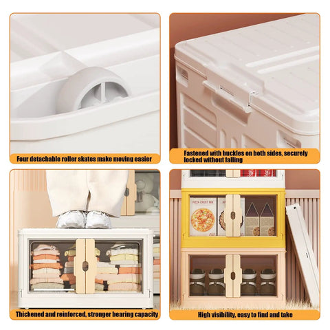 No Sweat Large Plastic Storage Bins With Secure Lids Fold Flat Stacking Organizers For Dorms Home Offices And Closets, showcasing roller skates and secure lids.