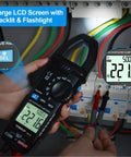 True RMS Clamp Meter For Auto Ranging 6000 Counts With 600A Capacity And Built In Flashlight Backlight Measures NCV AC DC Voltage And Current Continuity Capacitance Diode Resistance And Temperature For Car Home And Industrial Fixes, clamp on breaker panel