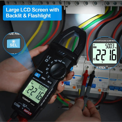 True RMS Clamp Meter For Auto Ranging 6000 Counts With 600A Capacity And Built In Flashlight Backlight Measures NCV AC DC Voltage And Current Continuity Capacitance Diode Resistance And Temperature For Car Home And Industrial Fixes, clamp on breaker panel