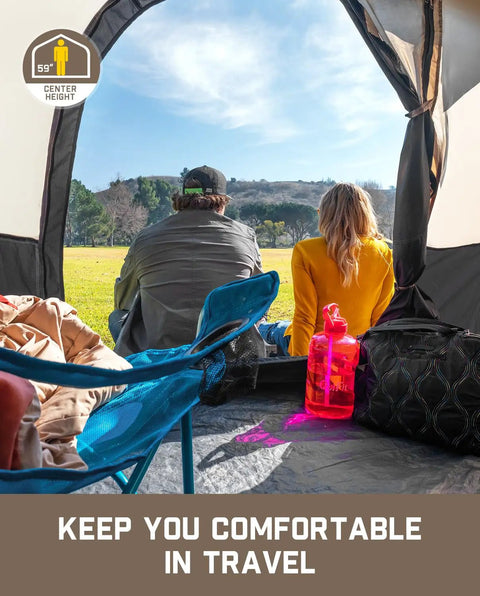 Inside view of 4 Person Instant Cabin Tent That Pops Up in 60 Seconds with Rainfly, khaki shelter, couple seated, outdoor scene.