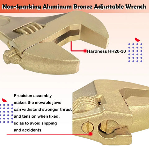 Non-Sparking Aluminum Bronze Adjustable Wrench, part of 17-Piece Tool Set for Pro Grade Electrician Work with Beryllium Copper