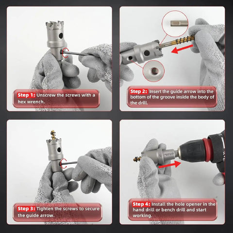 Assembly steps for 1 Inch Carbide Hole Saw Drill Bit Kit With 3 Flat Shank And YG10X Cutter Head shown with gloves