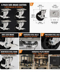 Four Pack Three Inch Swivel Plate Casters With No Sweat Side Brakes And Built Tough Black Polyurethane Wheels For Smooth Utility Cart Ride On Any Shop Floor, shown with dimensions and detailed features.