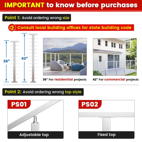 Guide on Cable Railing Post sizes 36" residential and 42" commercial with PS02 fixed top style description.