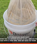 Premium Cyclone Dust Collector Kit With Reinforced Five Gallon Bucket collecting dust in a clear bag, suitable for shop vacs.