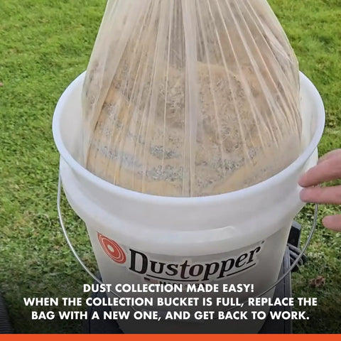 Premium Cyclone Dust Collector Kit With Reinforced Five Gallon Bucket collecting dust in a clear bag, suitable for shop vacs.