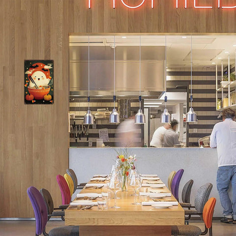 Funny Vintage Halloween Ghost Ramen Bowl Metal Sign Tin Wall Art 8 By 12 Inch displayed in a modern restaurant setting