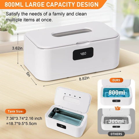 Ultrasonic Jewelry Cleaner Pro 28oz 800ml 49KHz Deep Clean with LED display and large 800ml tank for family use on table.