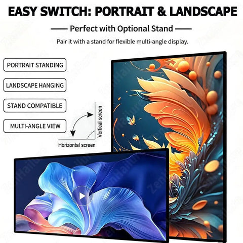 Multi Size 4K Digital Signage Display With Anti Glare Tempered Glass Wall Mount For Commercial Advertising in portrait and landscape setup.