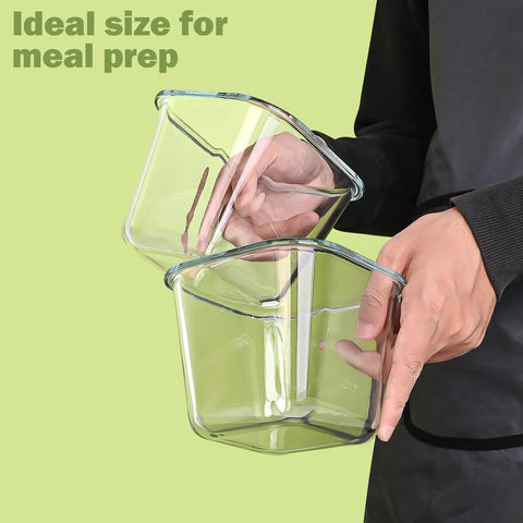 Person holding two 32 Oz Borosilicate Glass Food Storage Containers With Lids Pack Of 4, Leakproof Microwave Safe Freezer Safe Jars